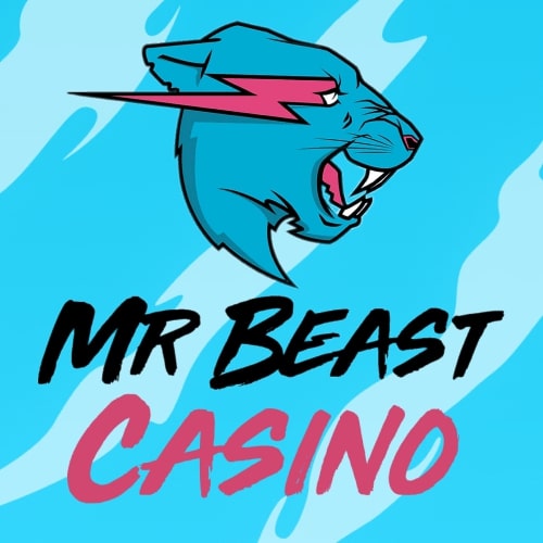 The Mr Beast Casino App logo features bold white and pink text on a black background with diagonal white stripes on top.