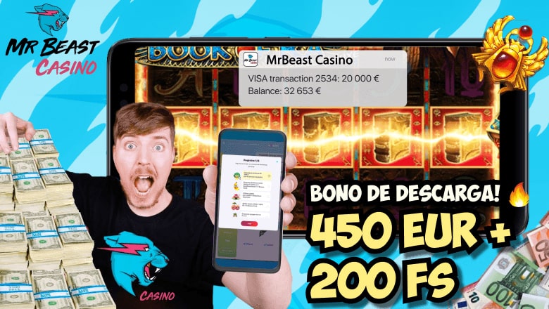 Promotional banner for Mr Beast Casino showing a mobile app interface, stacks of cash, and a bonus offer of 450 EUR plus 200 free spins.